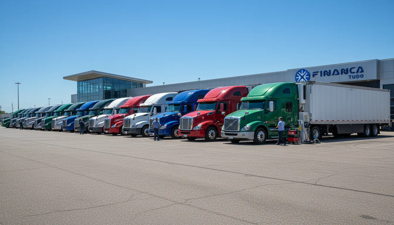 Vários caminhões em um ponto de parada moderno, representando a variedade de opções no financiamento de caminhão para diferentes modelos.