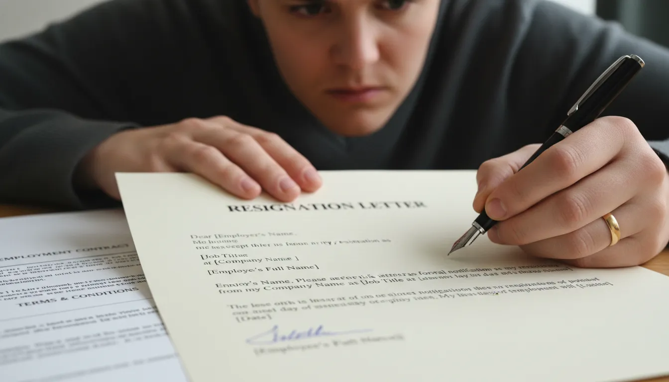 Trabalhador assinando pedido de demissão, com contrato de trabalho e carta de aviso sobre a mesa