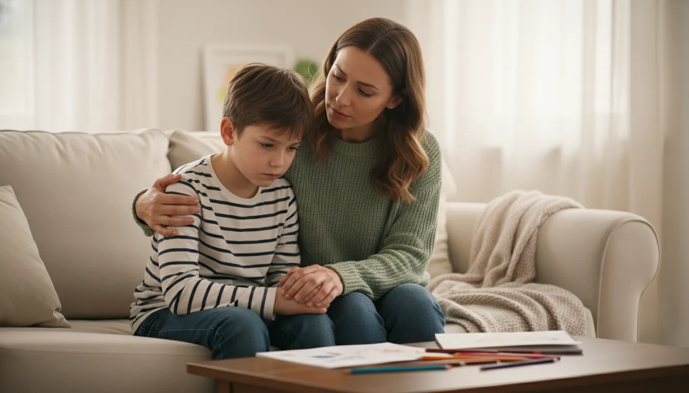 Pai ou mãe abraçando filho, oferecendo apoio emocional e combatendo a pressão por desempenho.