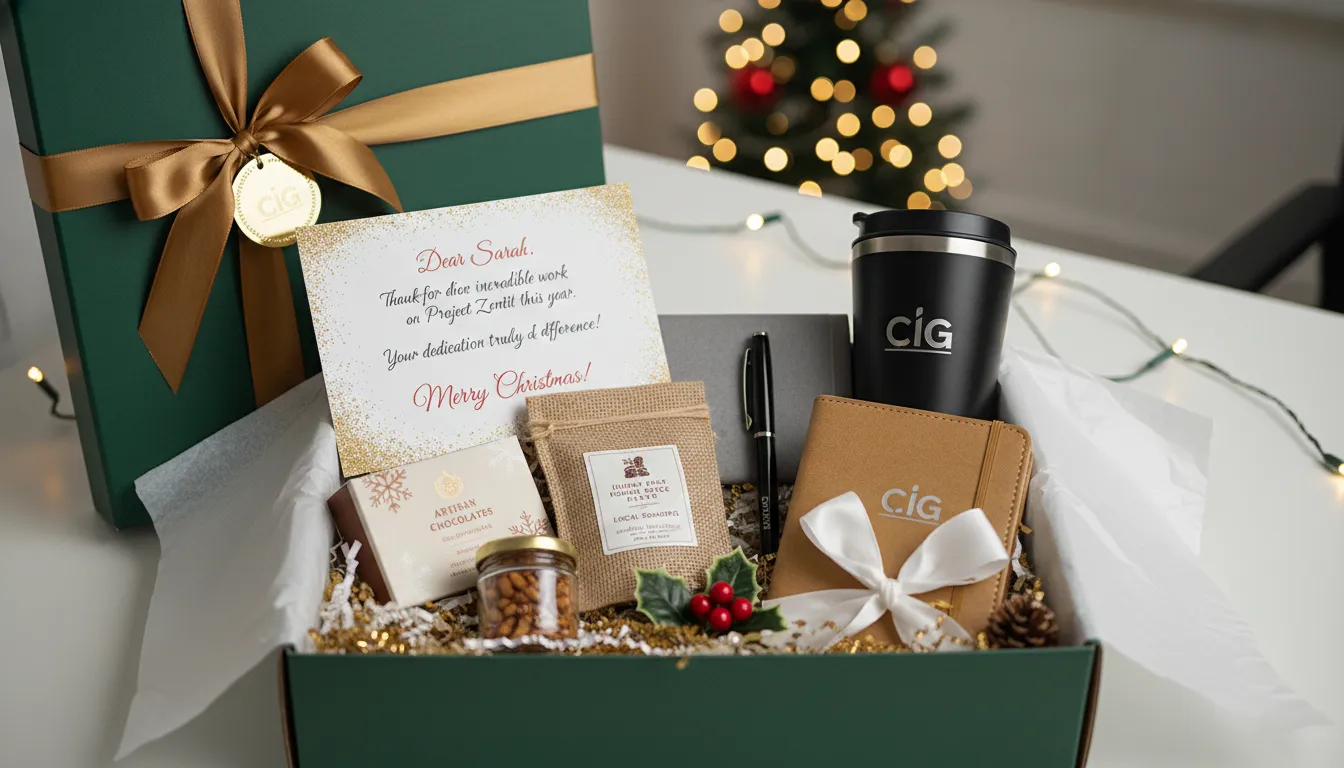 Kits criativos de Natal para funcionários com itens gourmet e personalizados em embalagem temática.