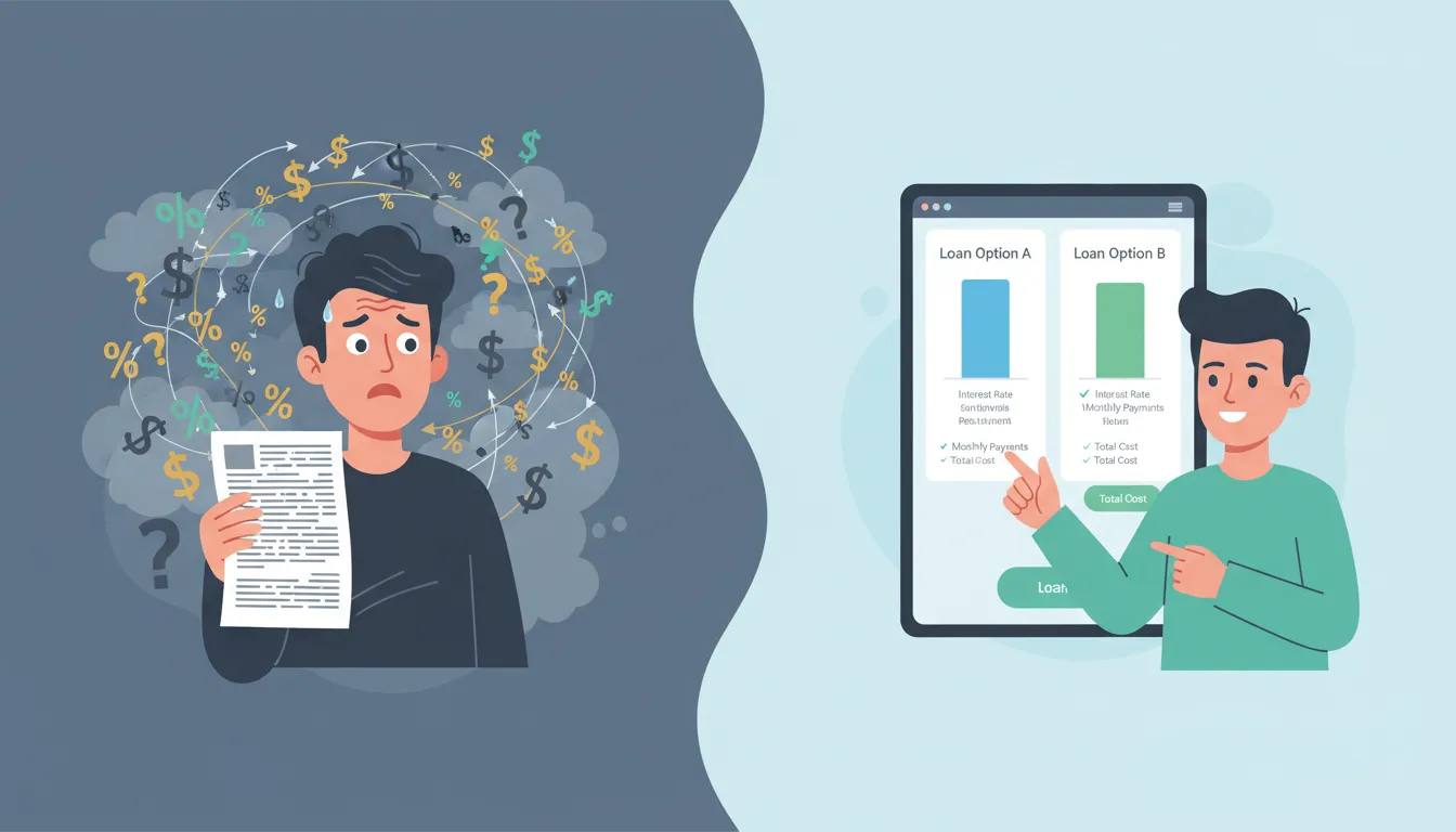 Comparativo: pessoa confusa com juros vs. usuário Financia Tudo comparando Custo Efetivo Total (CET) de crédito.