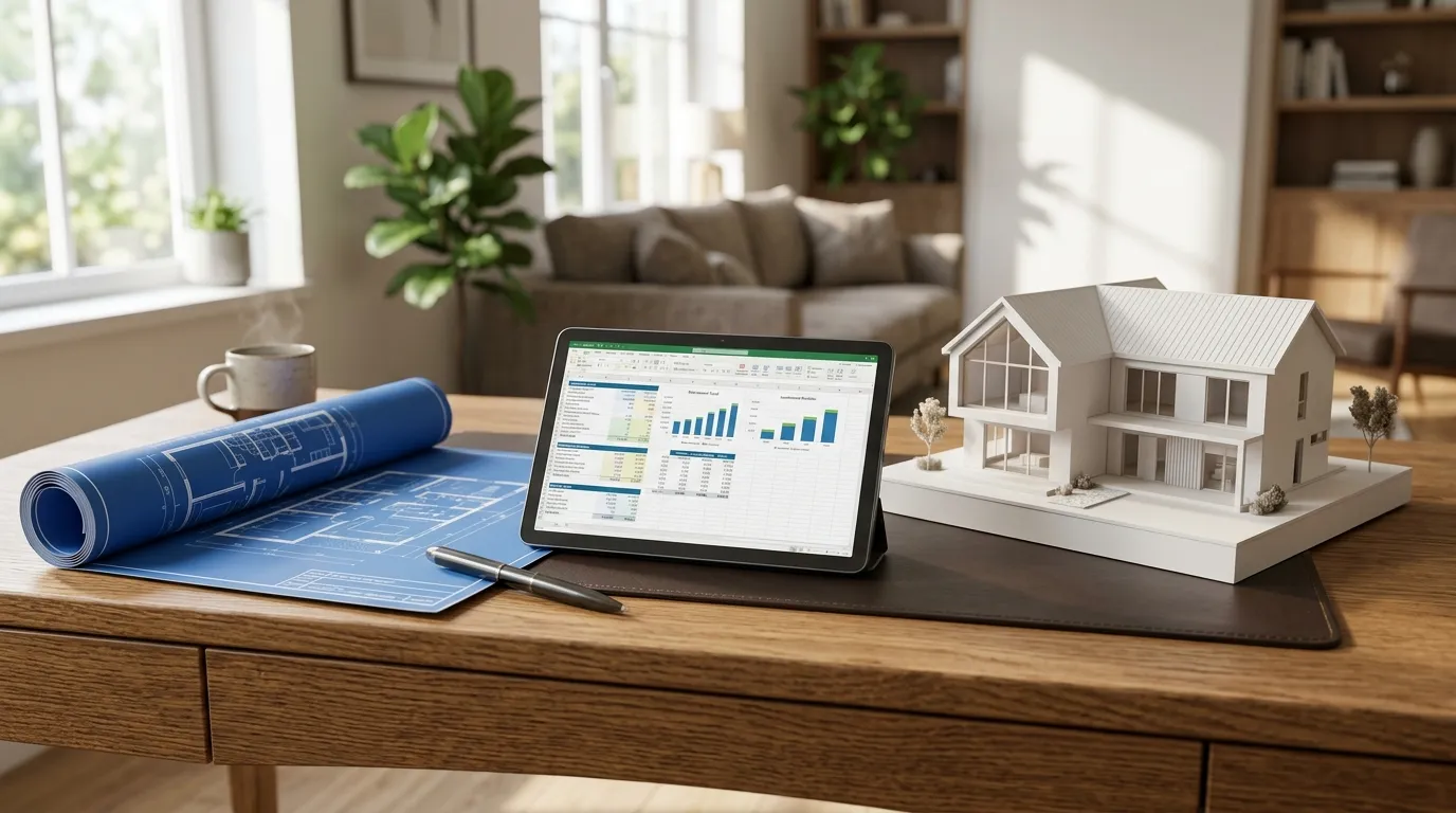 Planilha e maquete de casa planejando concluir obra com planejamento financeiro estruturado.
