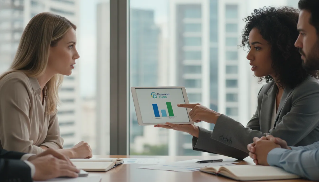 Equipe Financia Tudo explicando soluções financeiras, impulsionando renda extra para corretores de imóveis.