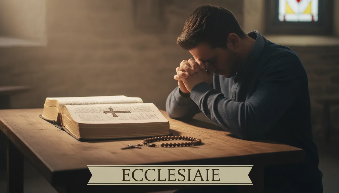 Uma pessoa rezando com a bíblia católica aberta em uma mesa, com um rosário próximo, sob luz suave.