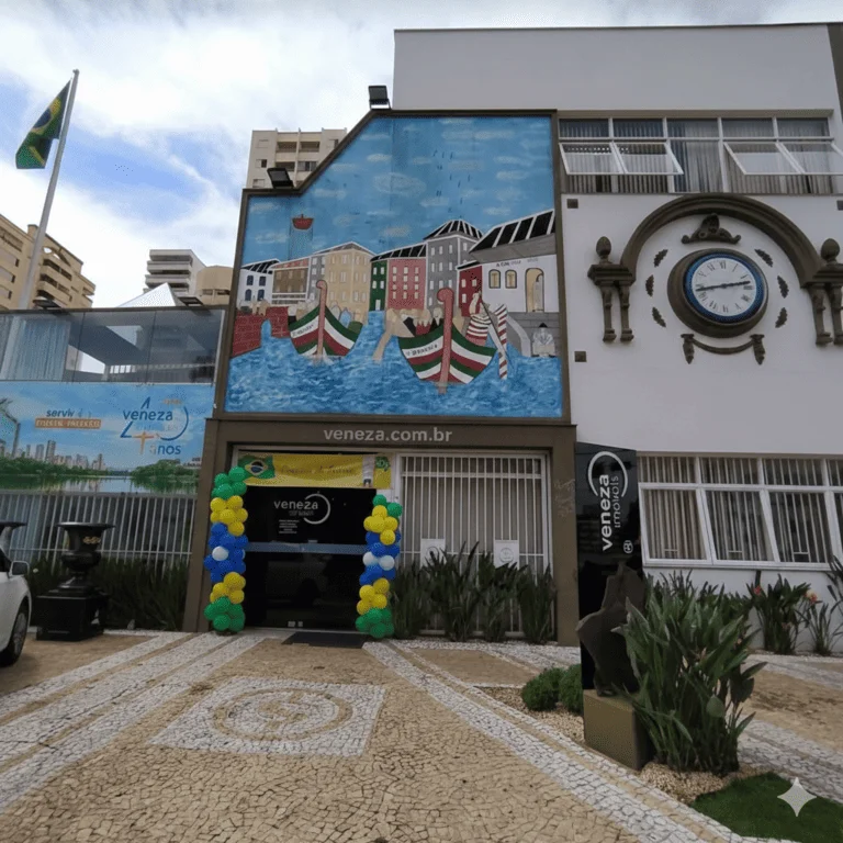 Vista externa de uma propriedade icônica em Londrina com a placa da VENEZA.