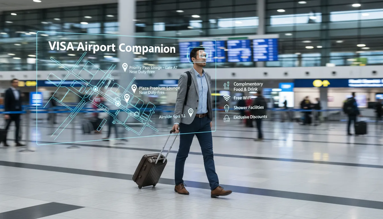 Uma pessoa caminhando confiantemente pelo aeroporto, visualizando lounges e comodidades do programa Visa Airport Companion em uma sobreposição digital, transmitindo eficiência e a facilidade do visa airport companion.