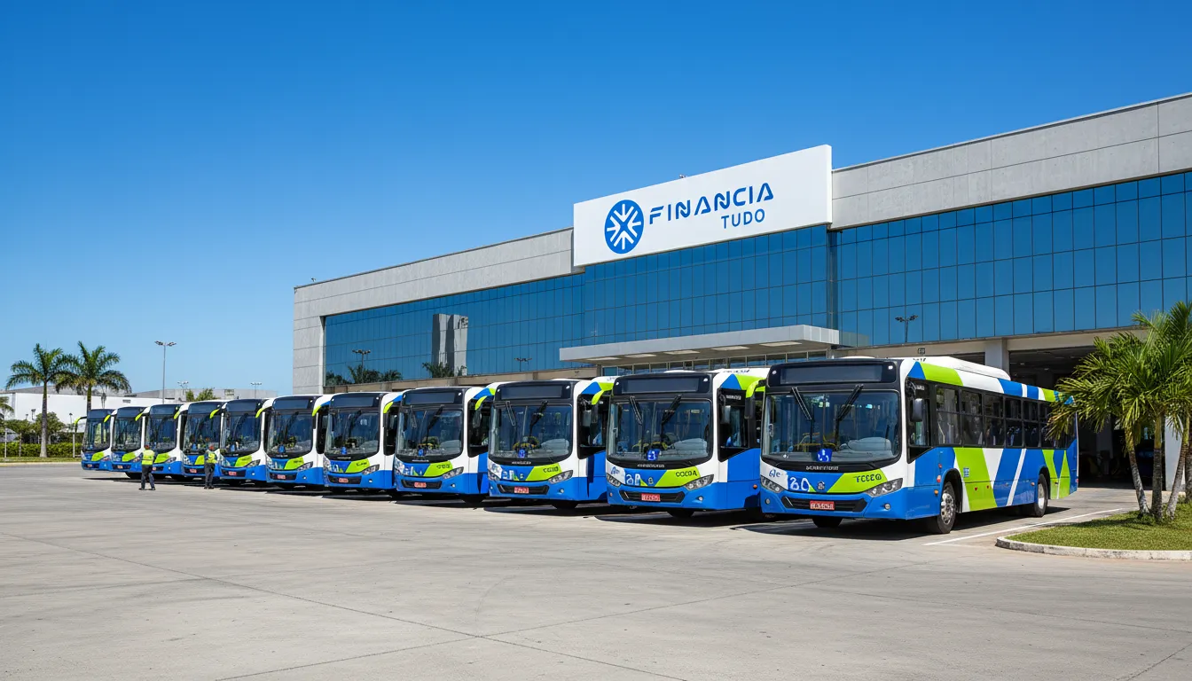 Nova frota de ônibus financiados pela Financia Tudo estacionados em garagem, simbolizando progresso e modernização do transporte.