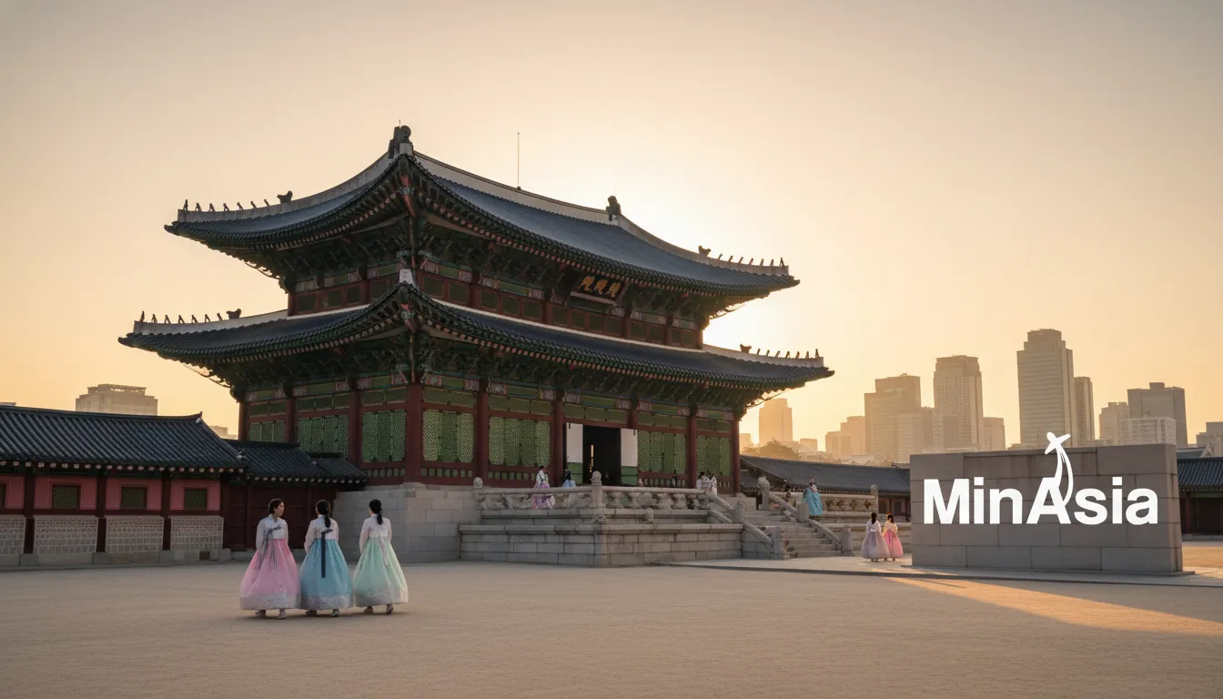 Palácio Gyeongbokgung em Seul, Coreia do Sul, ao nascer do sol, com turistas em hanbok.