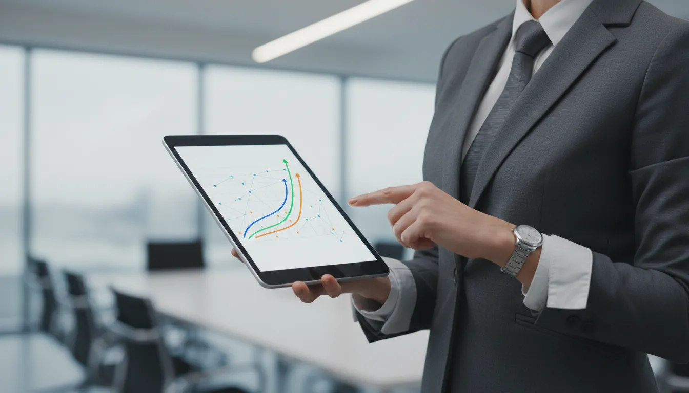 Ejecutivo presentando estrategias comerciales medianas empresas en una tablet, mostrando un gráfico de crecimiento con confianza.