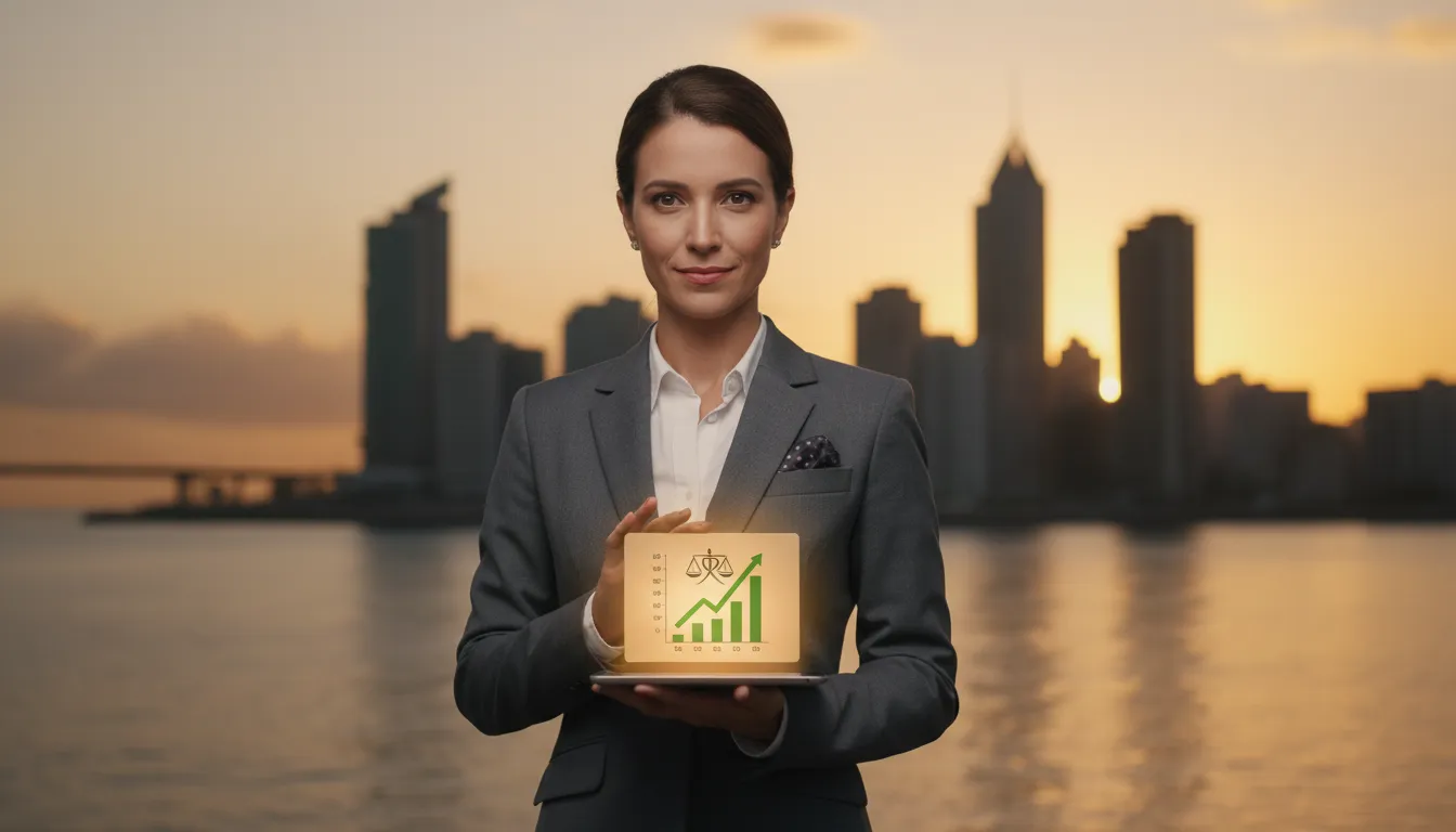 Advogado em São Vicente da Dias Ribeiro Advocacia exibe confiança com o skyline da cidade ao fundo.