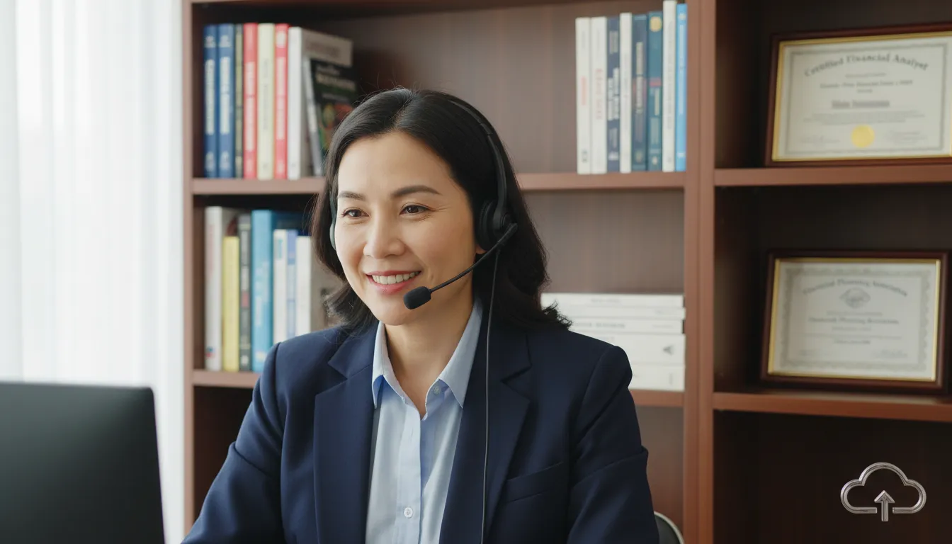 Consultor financeiro transmite confiança durante atendimento online, cenário profissional e acolhedor.