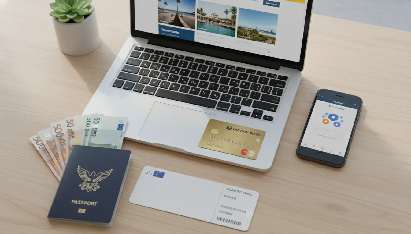 Mesa com cartão Banco do Brasil, laptop, passaporte e moedas estrangeiras. Planejamento de viagem.