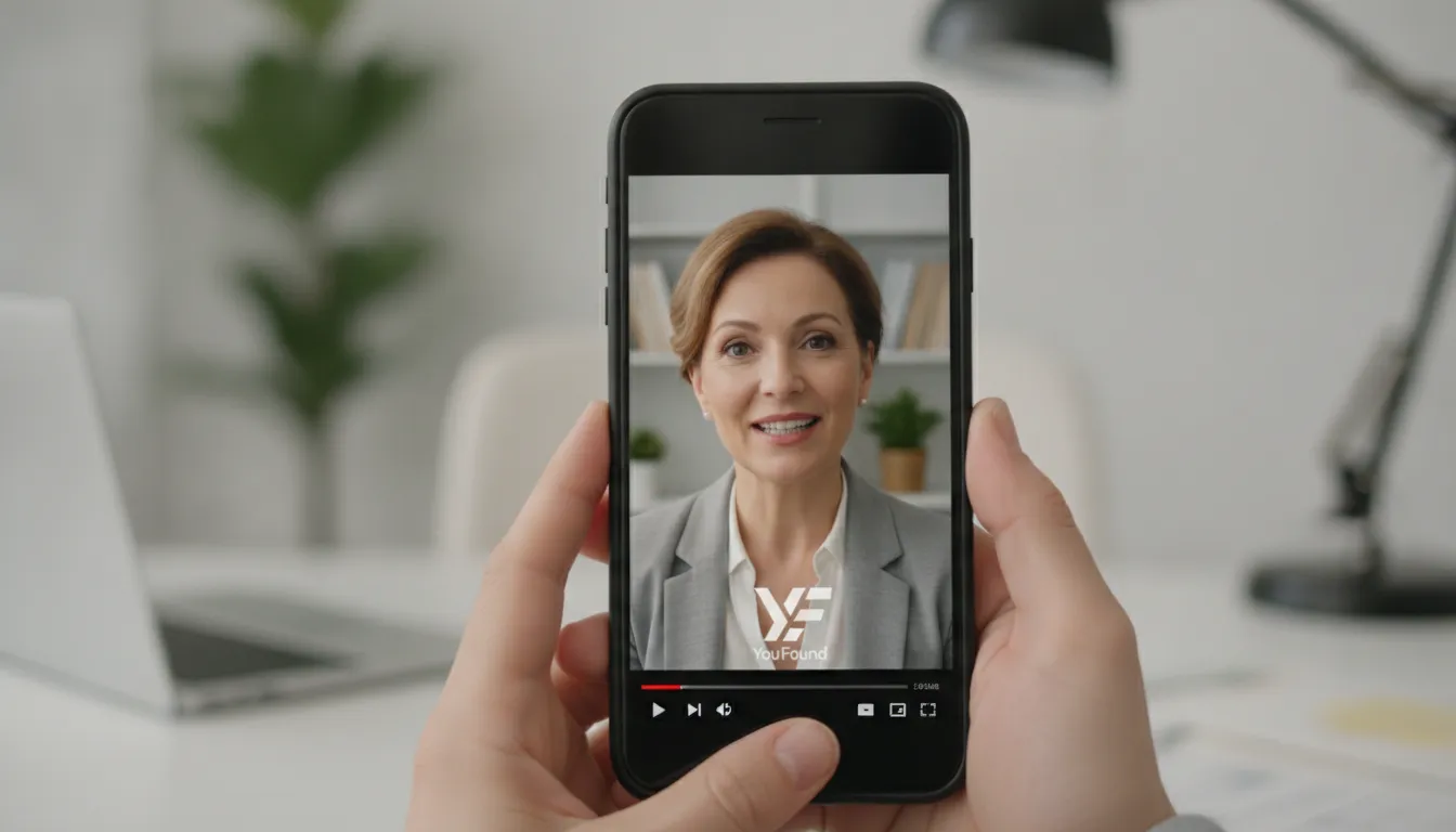 Smartphone exibe vídeo de um case de sucesso de cliente no YouTube, evidenciando o poder do depoimento.