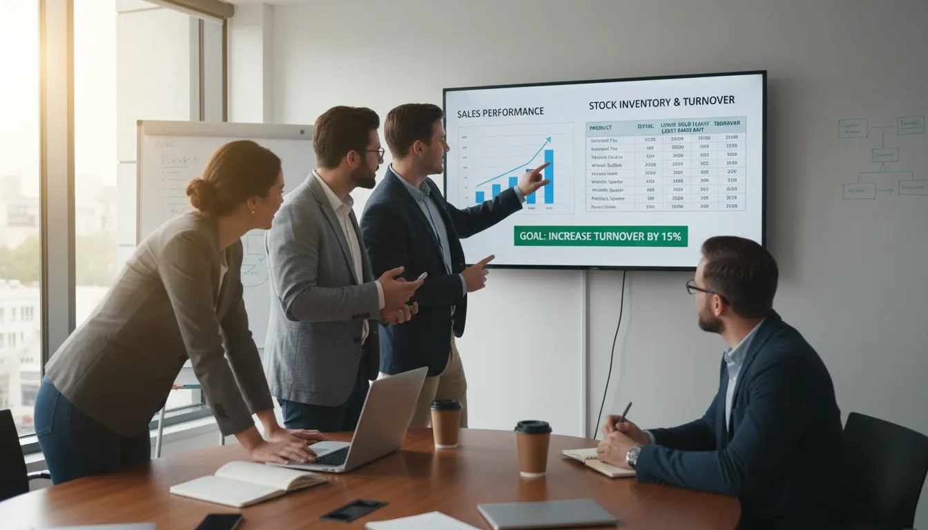 Equipe reunida analisando dados de vendas e estoque para melhorar o giro dos produtos