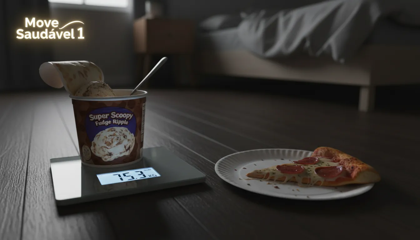 Balança digital mostrando aumento de peso ao lado de lanches noturnos, ilustrando como jantar tarde engorda.