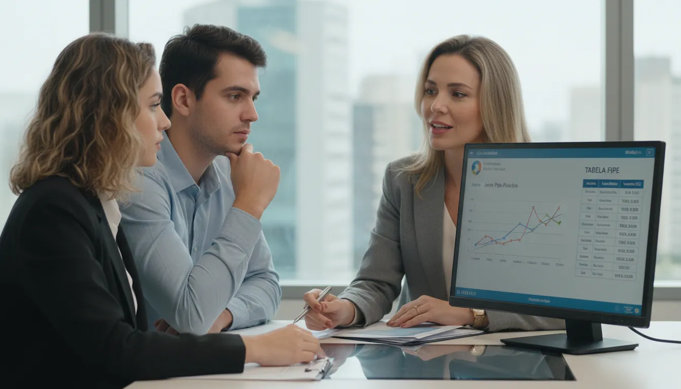 Especialista financeiro apresenta opções de financiamento automotivo usando gráficos e valores da Tabela FIPE.