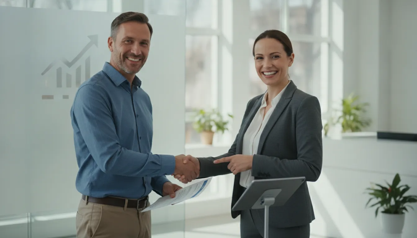 Empreendedor aliviado apertando a mão de contador, indicando regularização de DAS MEI atrasado.