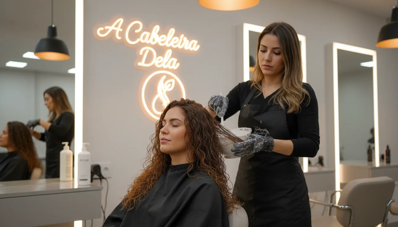 Cabelereira aplicando tratamento reconstrutor em cabelo cacheado danificado, visando hidratação nutrição reconstrução.