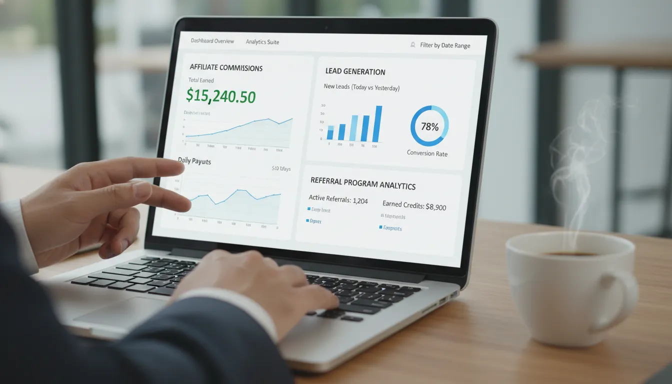 Painel digital mostrando dados e comissões de programa de indicação e afiliados.