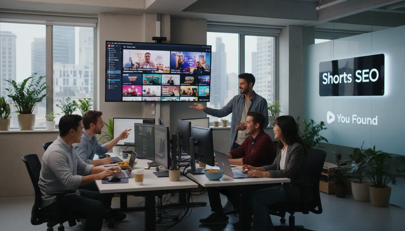 Equipe de edição trabalhando em um vídeo de shorts youtube em um escritório moderno, com foco na otimização de SEO para maior alcance.