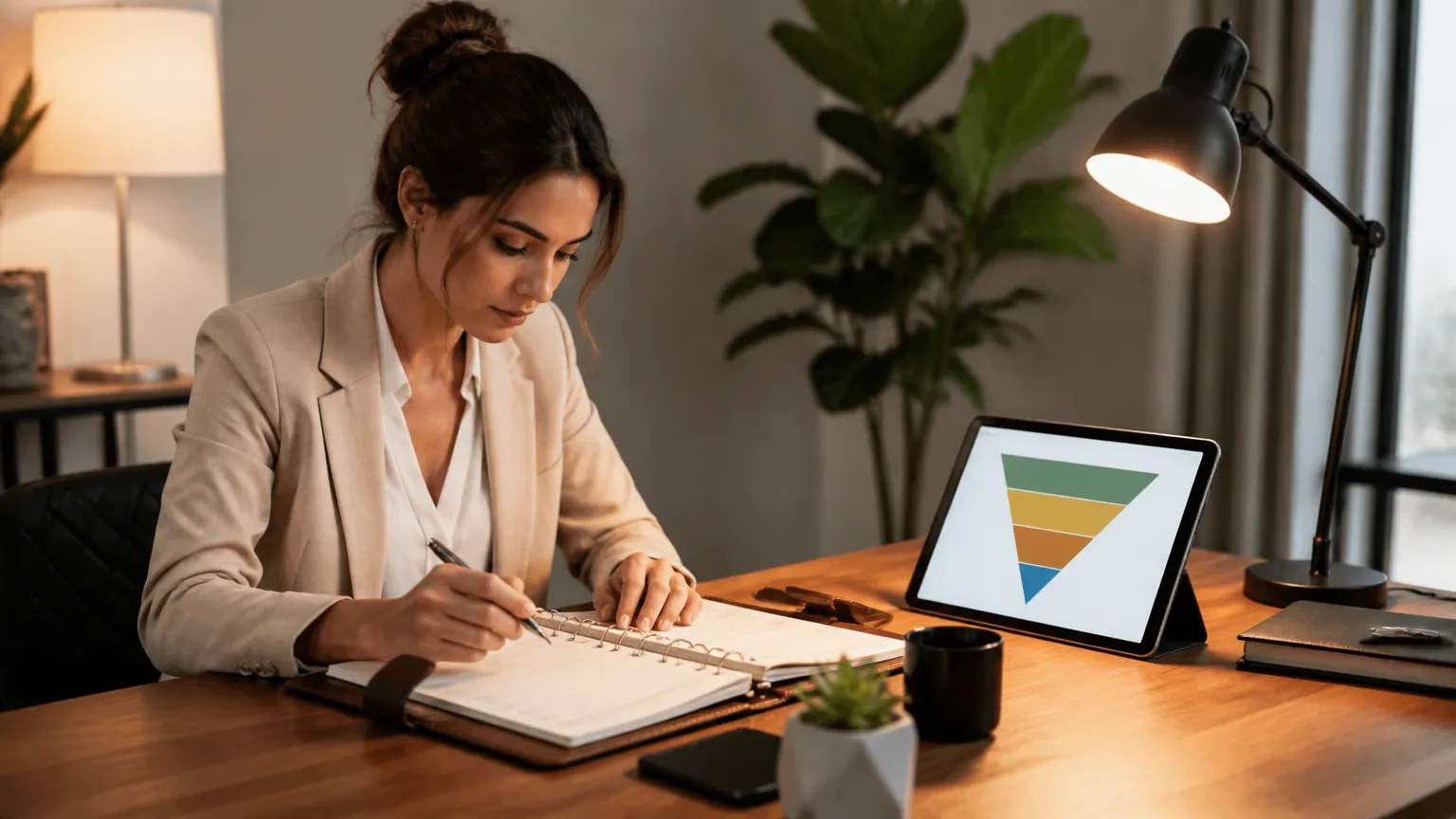 Planejamento e organização de contatos para afiliados utilizando agenda e tablet corporativo.