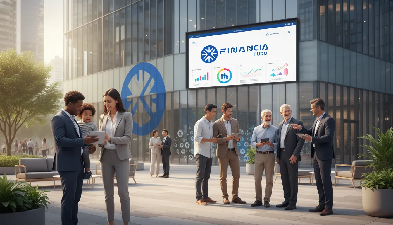 Grupo diverso em frente ao prédio da Financia Tudo, representando o impacto das decisões financeiras no longo prazo e o suporte financeiro da empresa.
