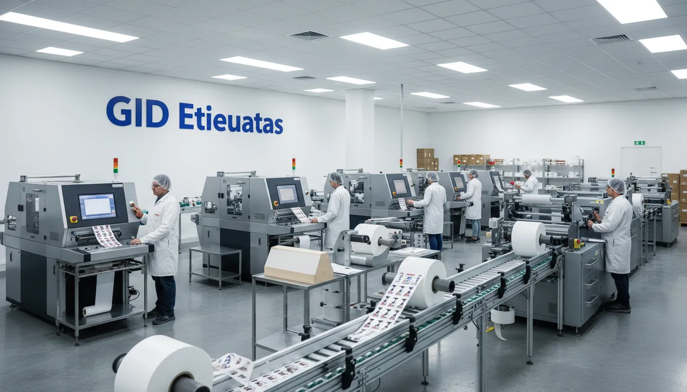 Imagem realista da fábrica da GID, mostrando a produção de etiquetas e rótulos personalizados com alta precisão.