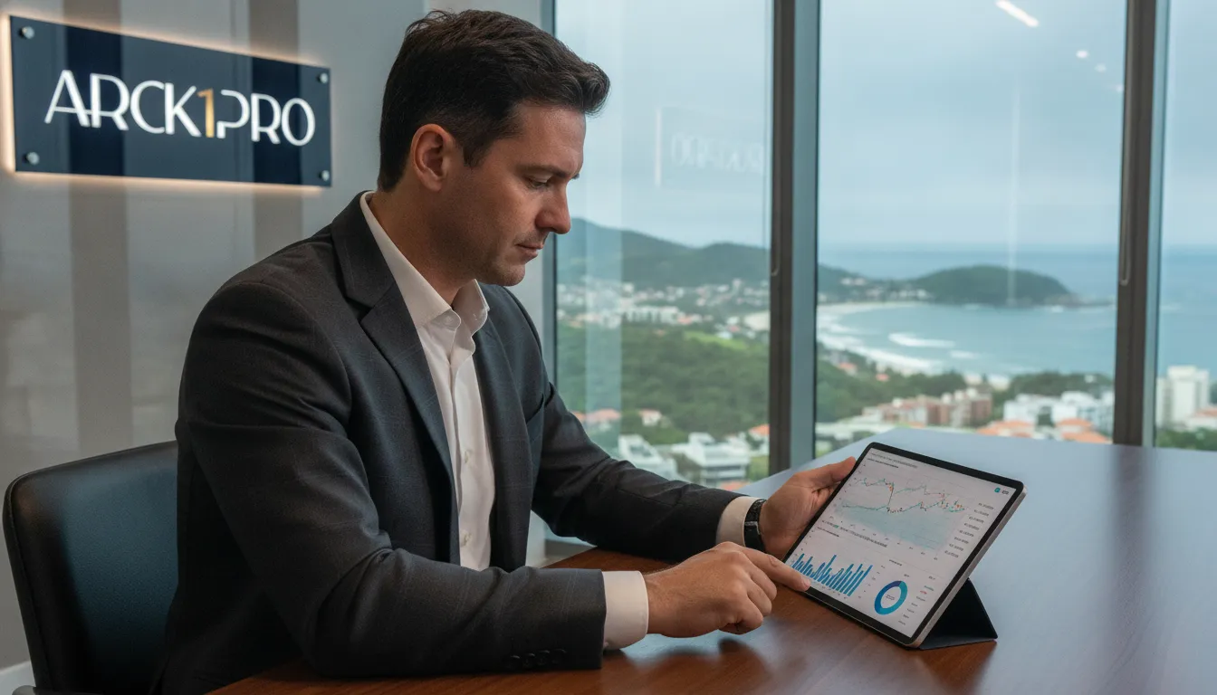Investidor analisa dados de mercado imobiliário em Porto Belo, buscando assimetria de valorização.