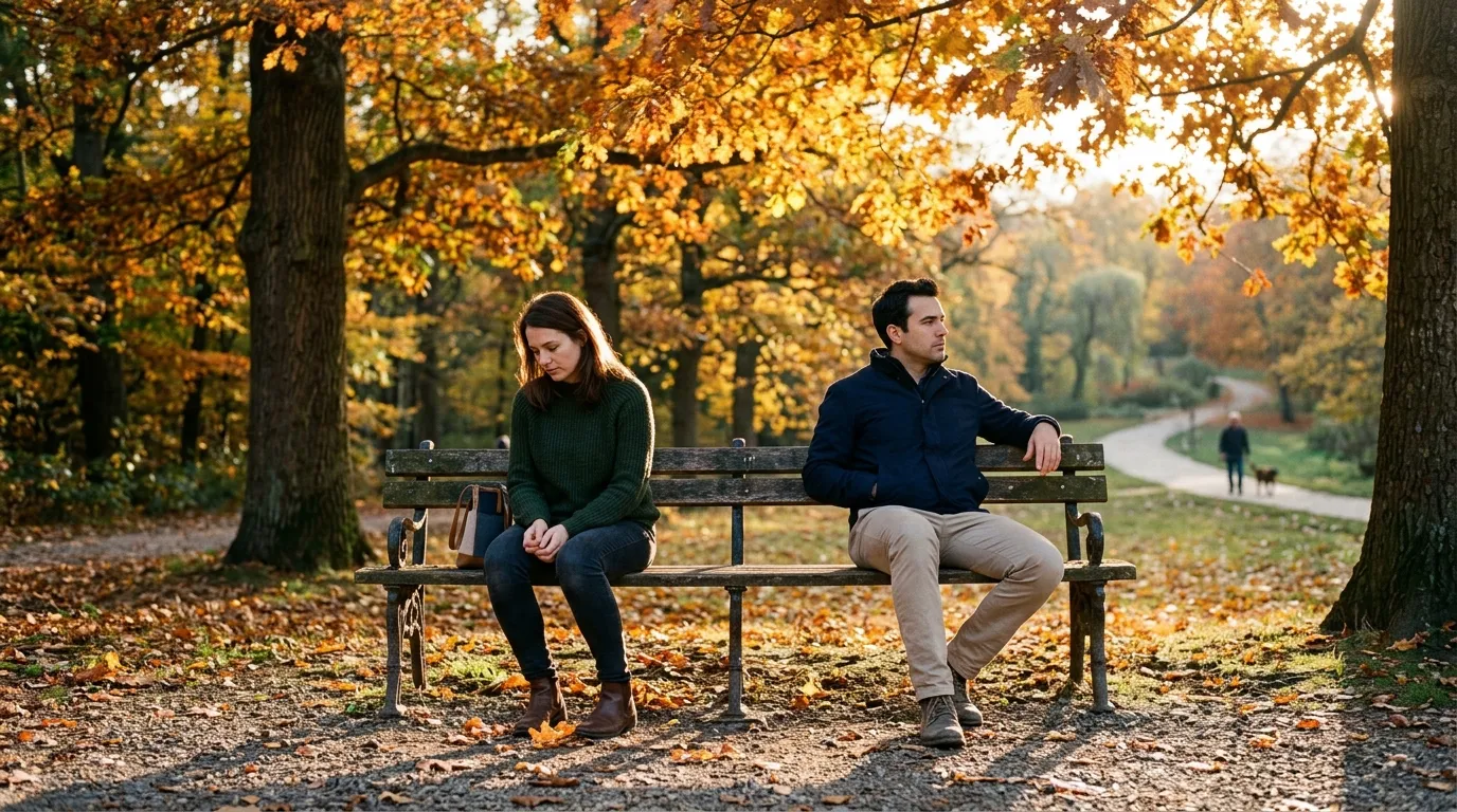 Casal distante no parque ilustrando medo de relacionamentos e rejeição.