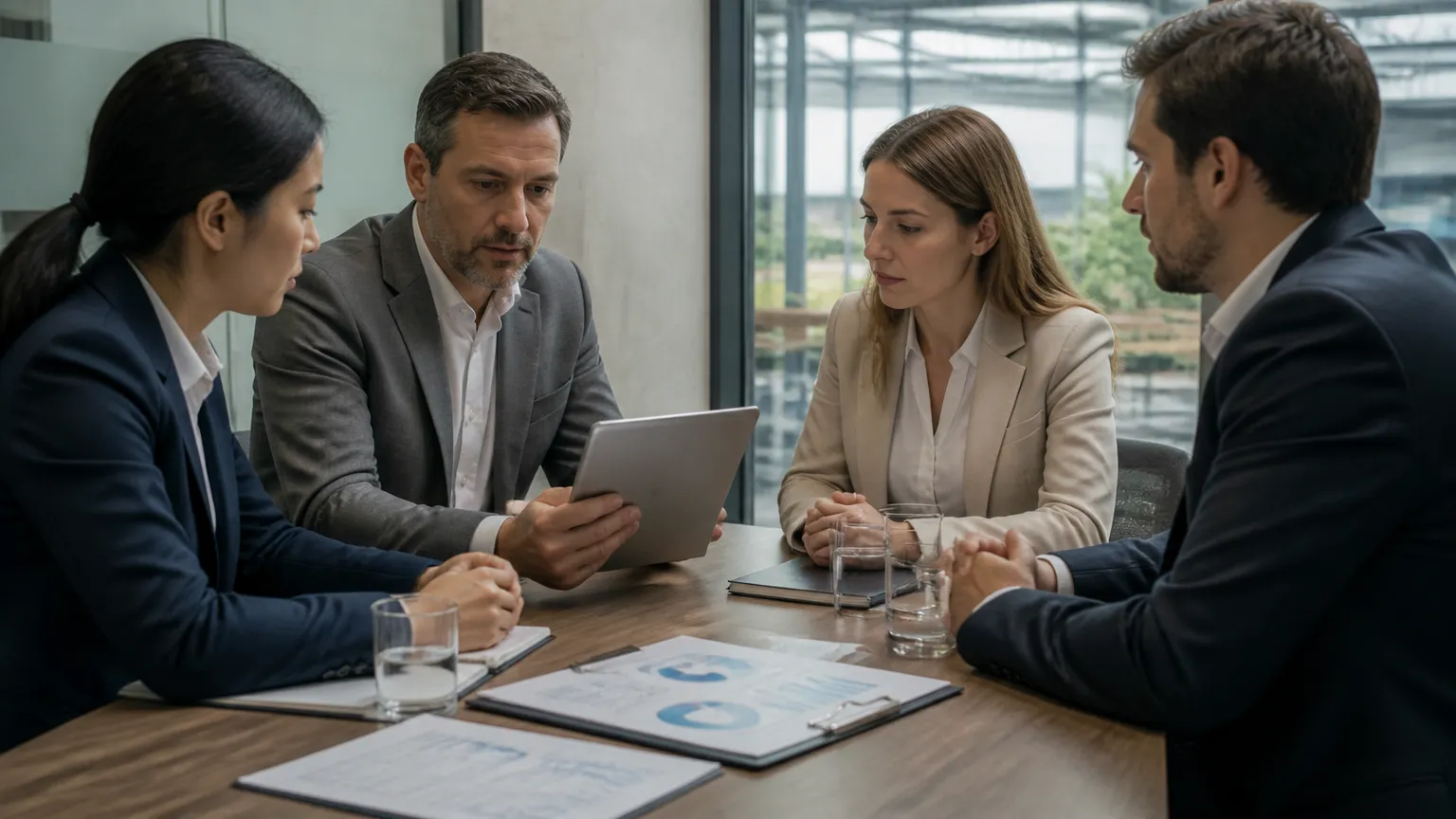 Equipe corporativa avaliando relatório técnico de auditoria social e conformidade.