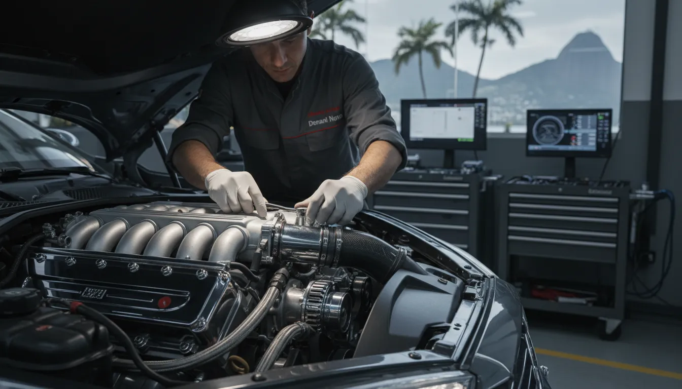 Detalhe das mãos de um mecânico trabalhando em um motor de carro de luxo em uma das principais oficinas carros de luxo Rio de Janeiro, mostrando precisão.