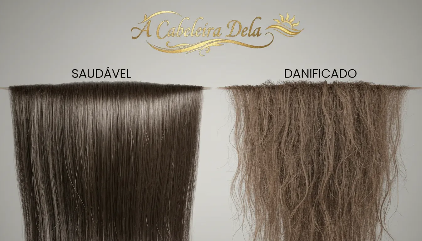 Comparativo de cabelo saudável vs danificado, ilustrando a importância da hidratação nutrição reconstrução capilar.