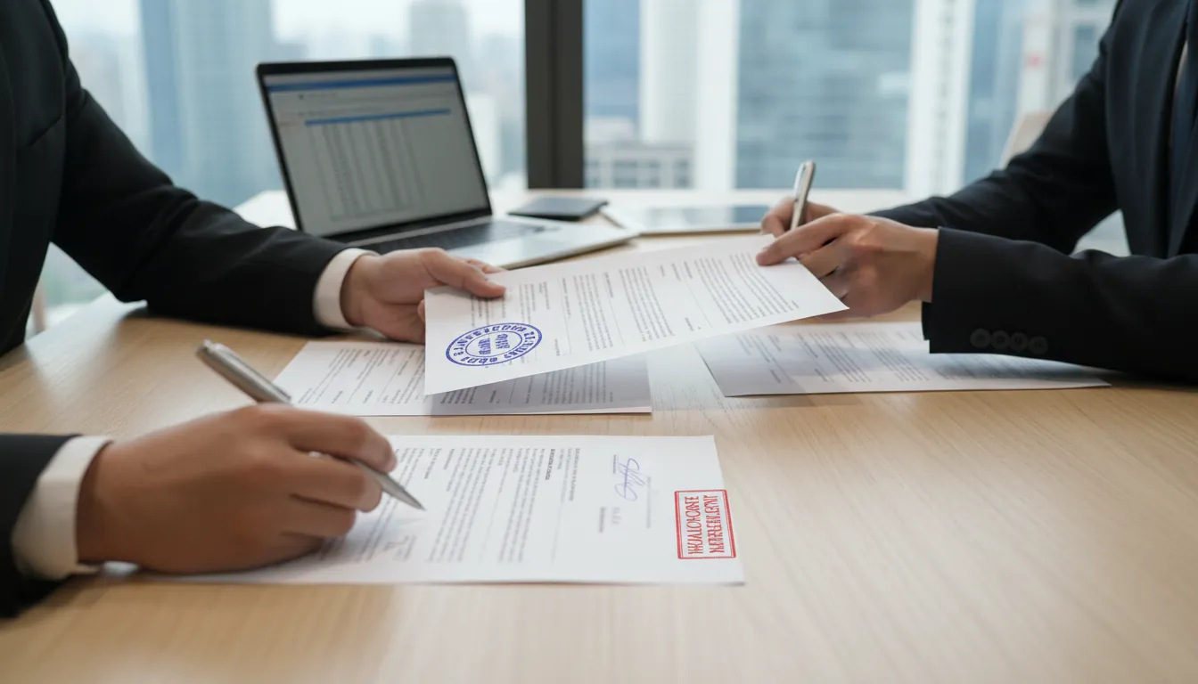 Detalhe de mãos assinando documentos de cancelamento de plano de saúde em escritório moderno