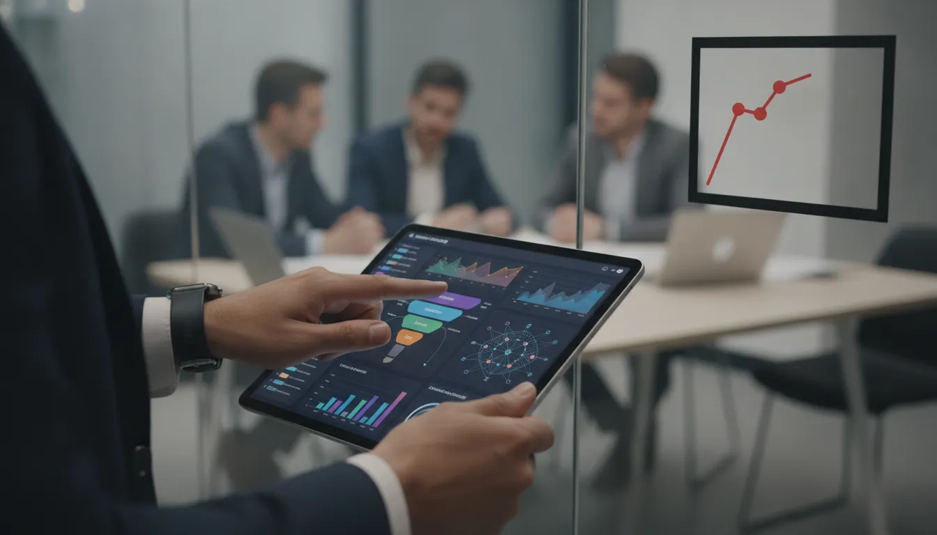 Mão interage com tablet exibindo dashboard de IA, evidenciando como ferramentas moldam compra B2B.