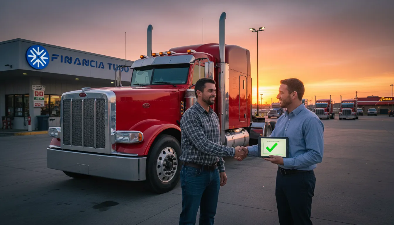 Caminhoneiro apertando as mãos de um representante da Financia Tudo após aprovação do refinanciamento de seu caminhão financiado.