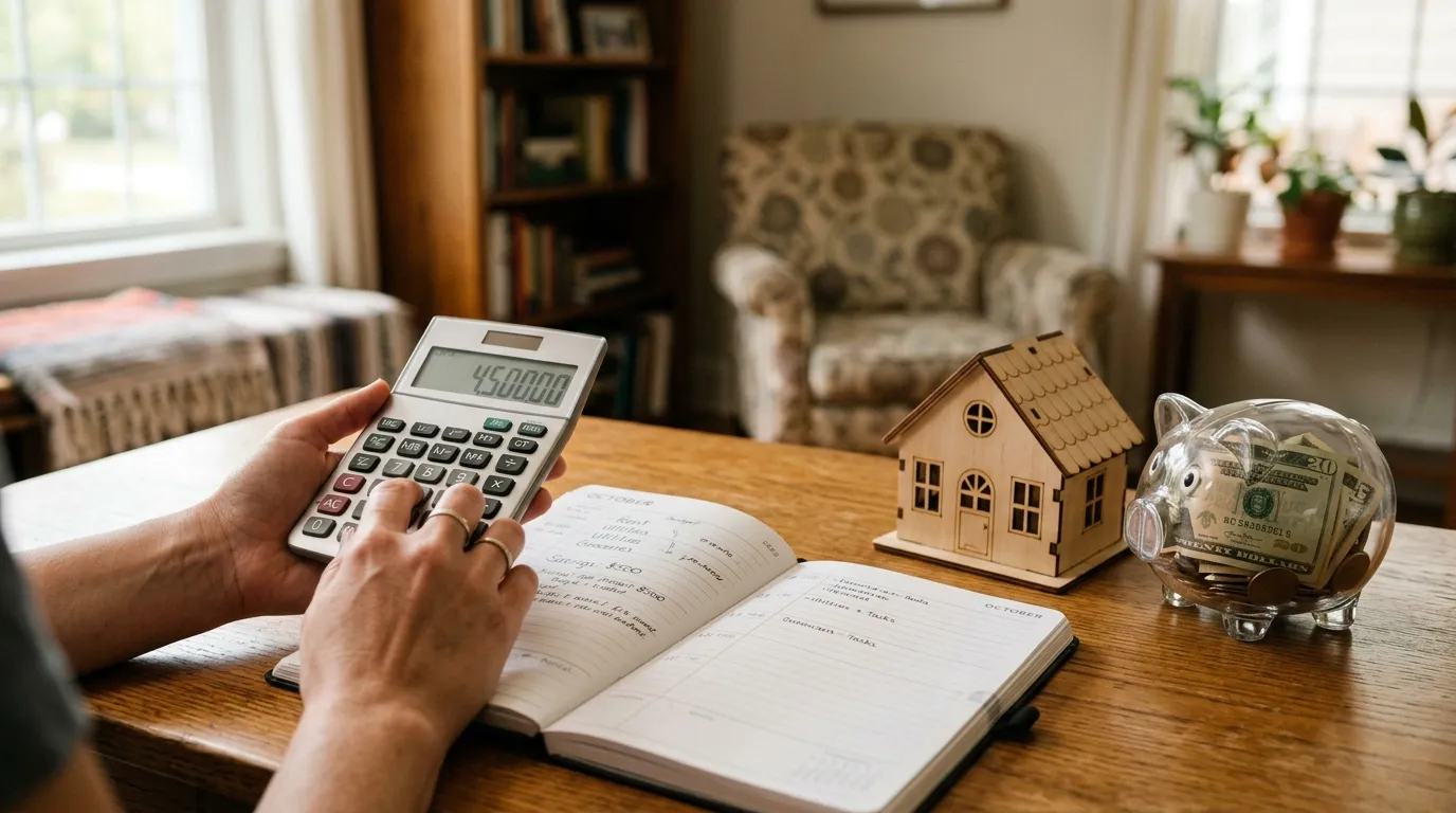 Calculadora e casa de madeira mostrando como juntar dinheiro para entrada do imóvel.