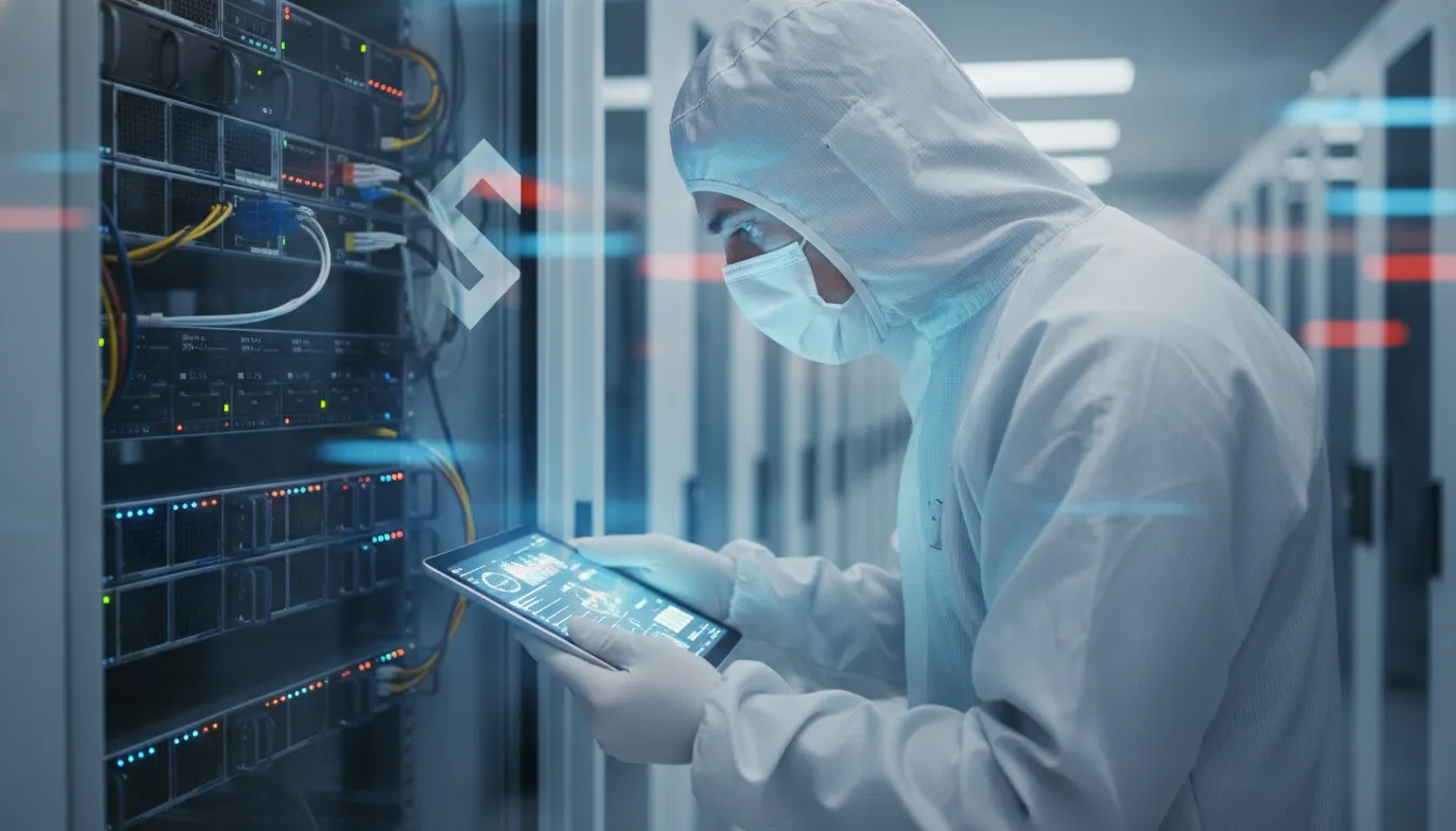 Técnico inspecionando rack de servidores em data center Tier 3, demonstrando manutenção precisa e cuidado com a infraestrutura.