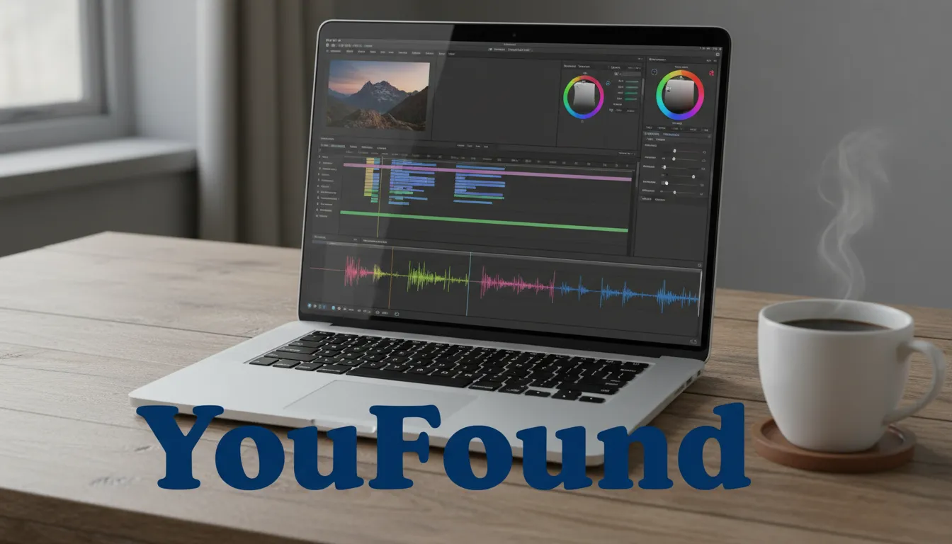 Um laptop exibindo software de edição de vídeo com uma timeline, formas de onda e ferramentas de correção de cor visíveis, ao lado de uma xícara de café. Melhores dicas de vídeo.