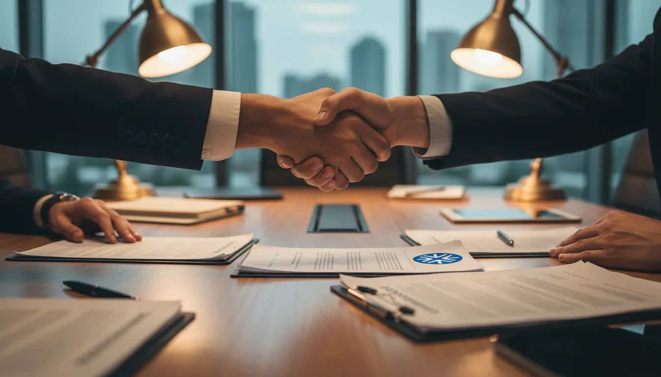 Aperto de mãos selando um acordo de financiamento de imóveis comerciais, com a garantia e segurança da Financia Tudo.