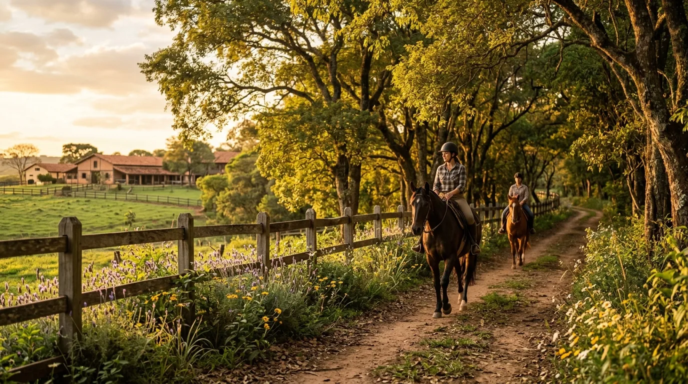 Trilha para cavalgada em hotel fazenda sob a luz do entardecer com árvores e flores.