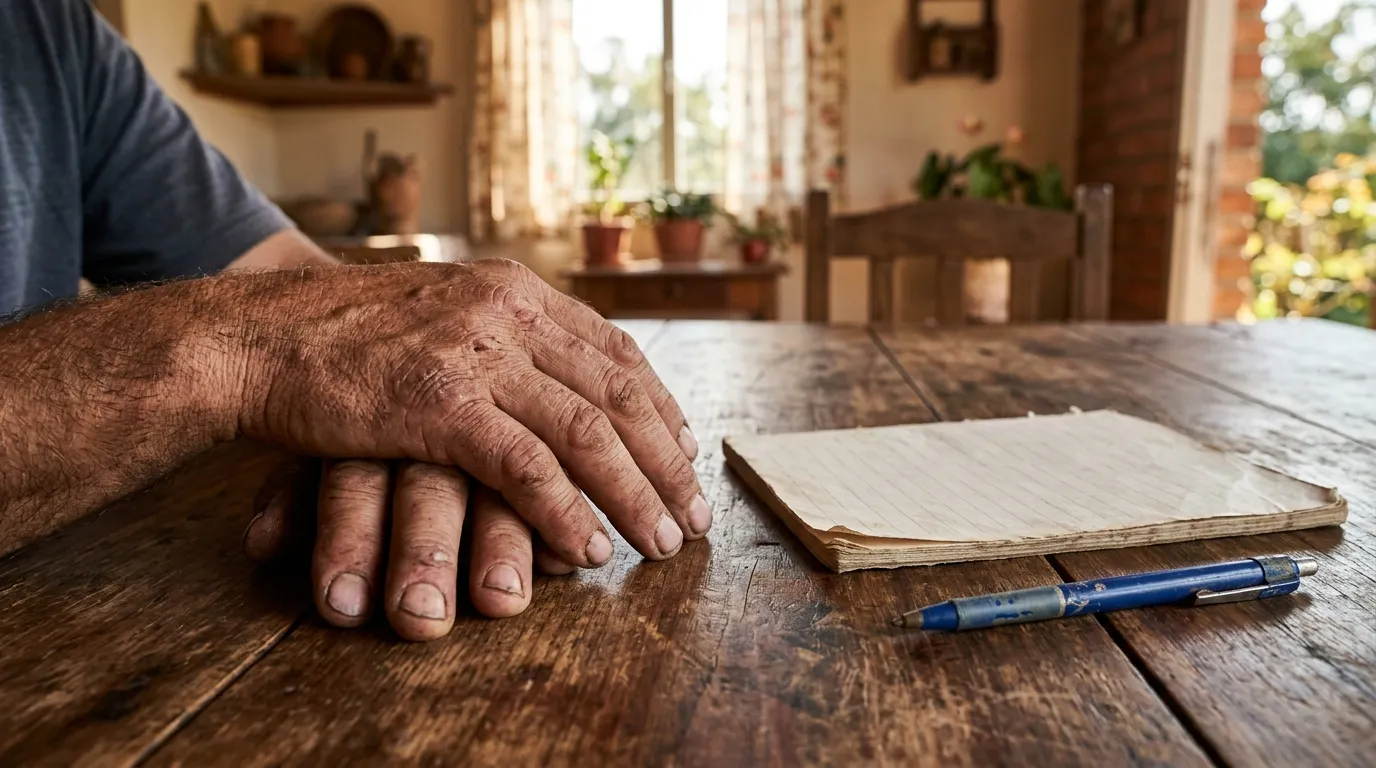 Mãos de agricultor com documentos para solicitar aposentadoria rural.