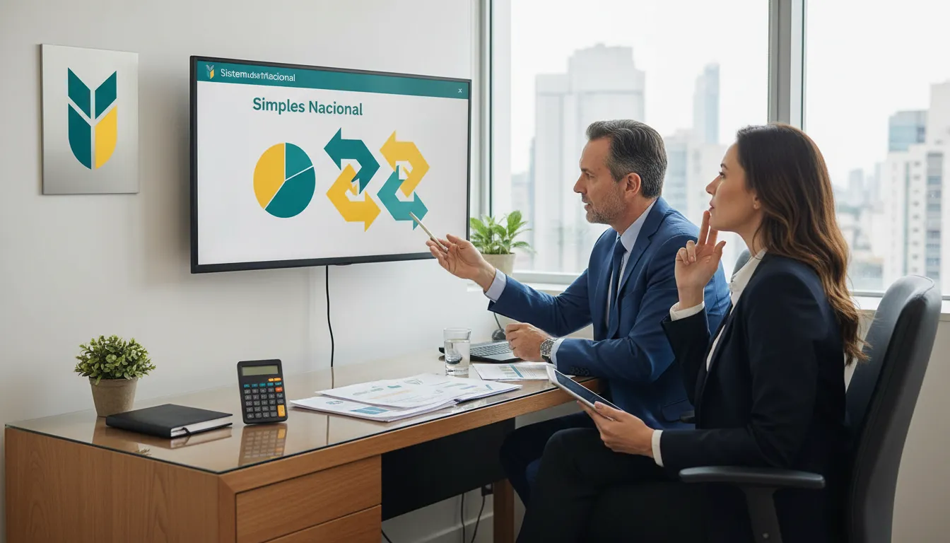 Consultor financeiro explicando regulamentações tributárias para um empresário, transmitindo a importância da assessoria para evitar o simples nacional suspenso.