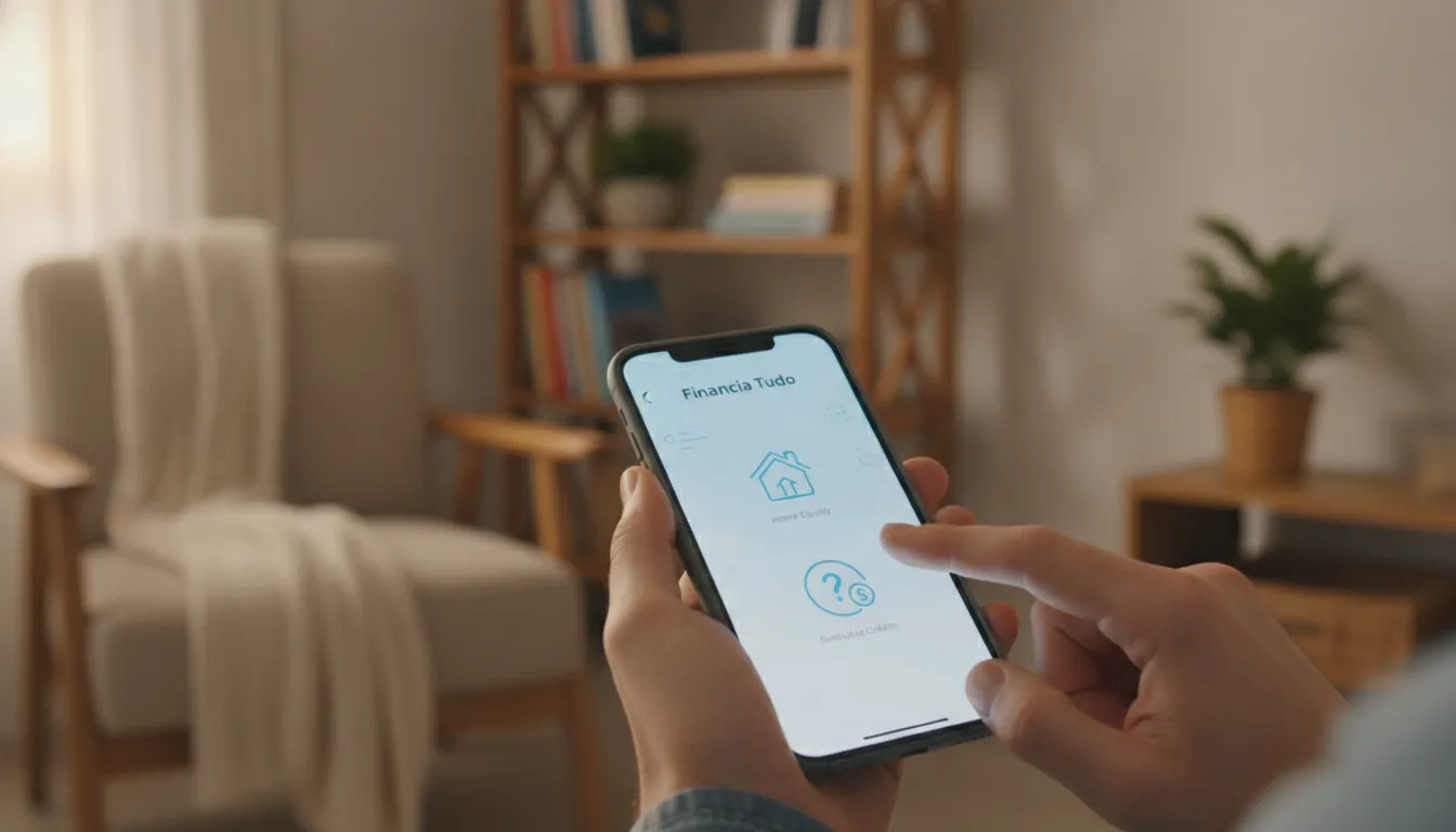 Mãos usando app Financia Tudo para simular home equity, facilitando reorganização financeira.