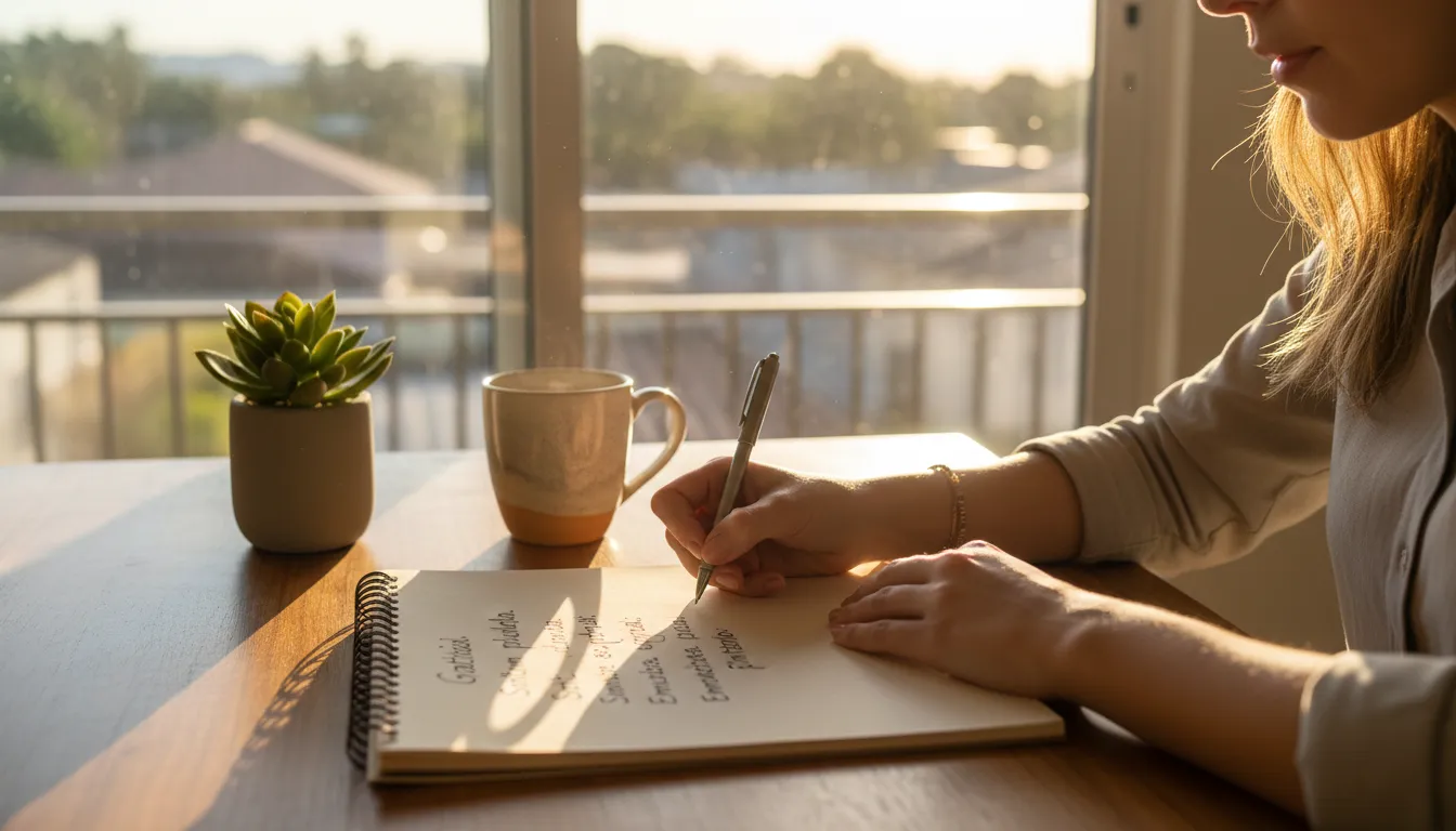 Pessoa anotando sentimentos pós-terapia de relaxamento, ambiente sereno.