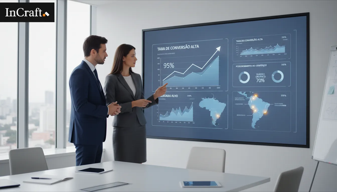 Executivos analisando um painel de KPIs para otimizar um site B2B, focando na performance e conversão de um site para startup.