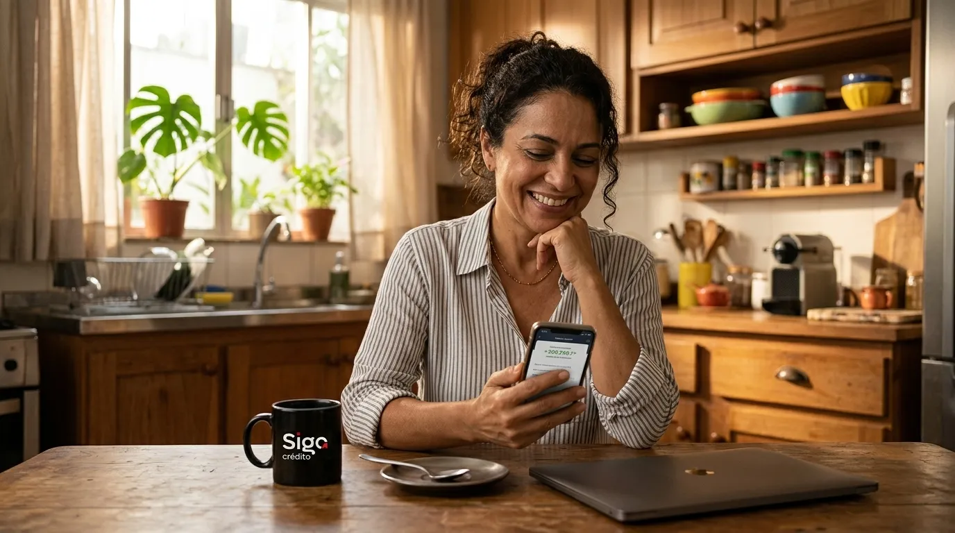 Mulher sorri ao receber saldo do empréstimo online na conta pelo celular na cozinha.