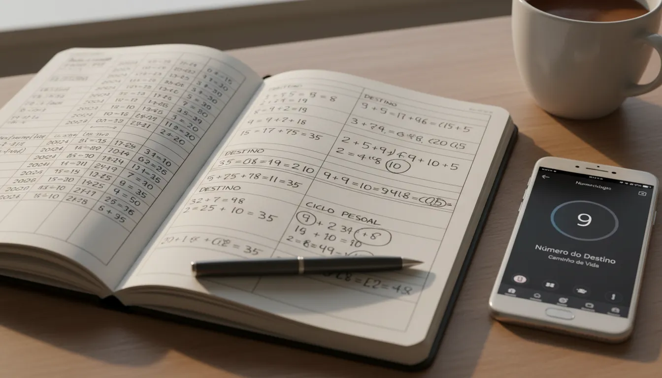 Notas e cálculos de numerologia em caderno ao lado de aplicativo digital