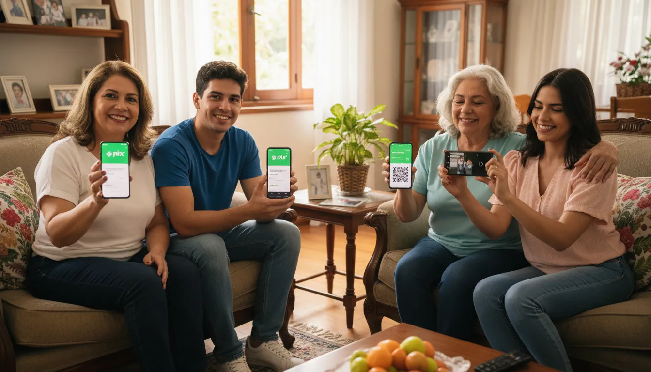 Família fazendo transferência por PIX com tranquilidade e segurança em casa