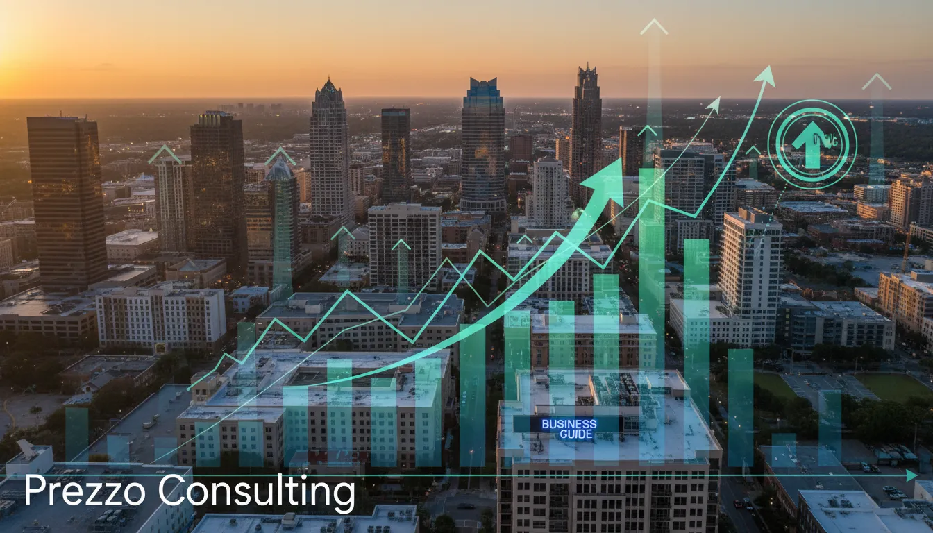 Aerial view of Orlando's business district with overlaid graphics representing business growth, emphasizing the opportunities for opening a company in Orlando with Prezzo Consulting.
