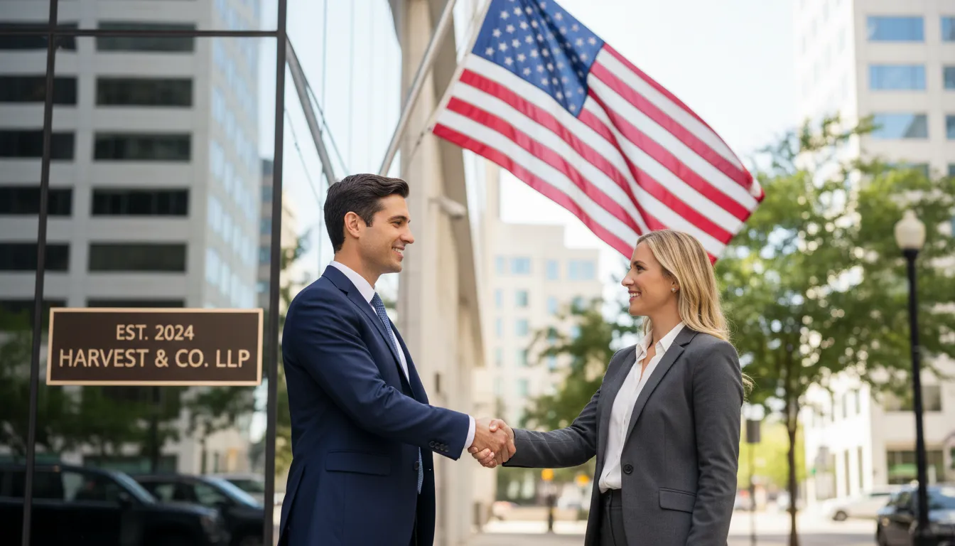 Dois sócios selam parceria em frente a prédio com bandeira americana, representando abertura de empresa